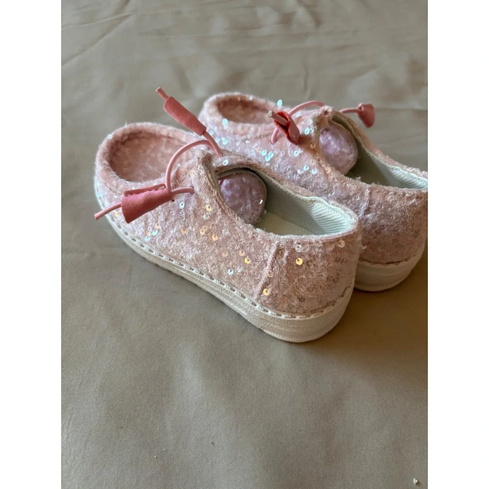 Kids Pink Sequin Sparkle Slip On Loafers Moc Toe Shoes Size 26 EU